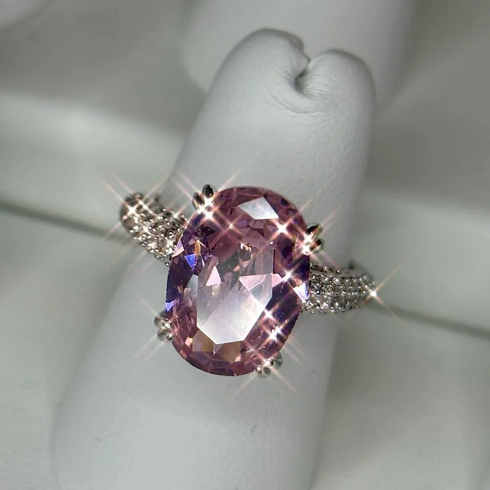Pink Solitaire Gemstone Ring w/ Clear Accents Silver Plated Engagement size 7 - Picture 3 of 11